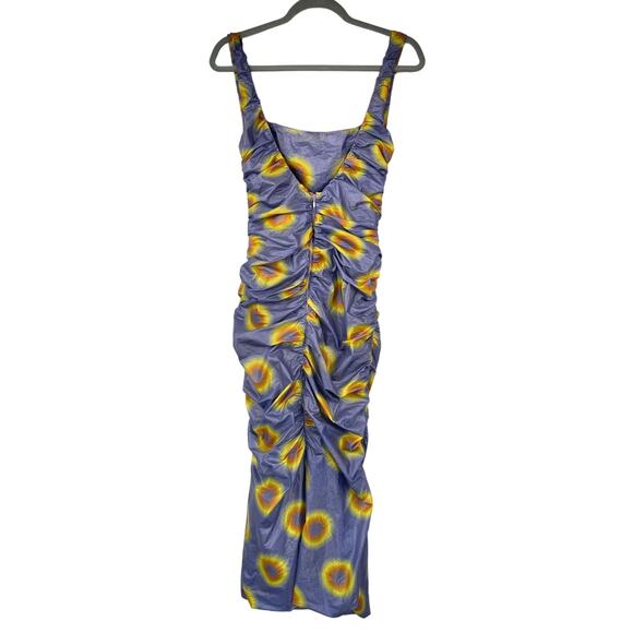 Maisie Wilen | Lady Miss Purple Yellow Ruched Low Back Polka Dot Midi Dress M - Picture 4 of 14